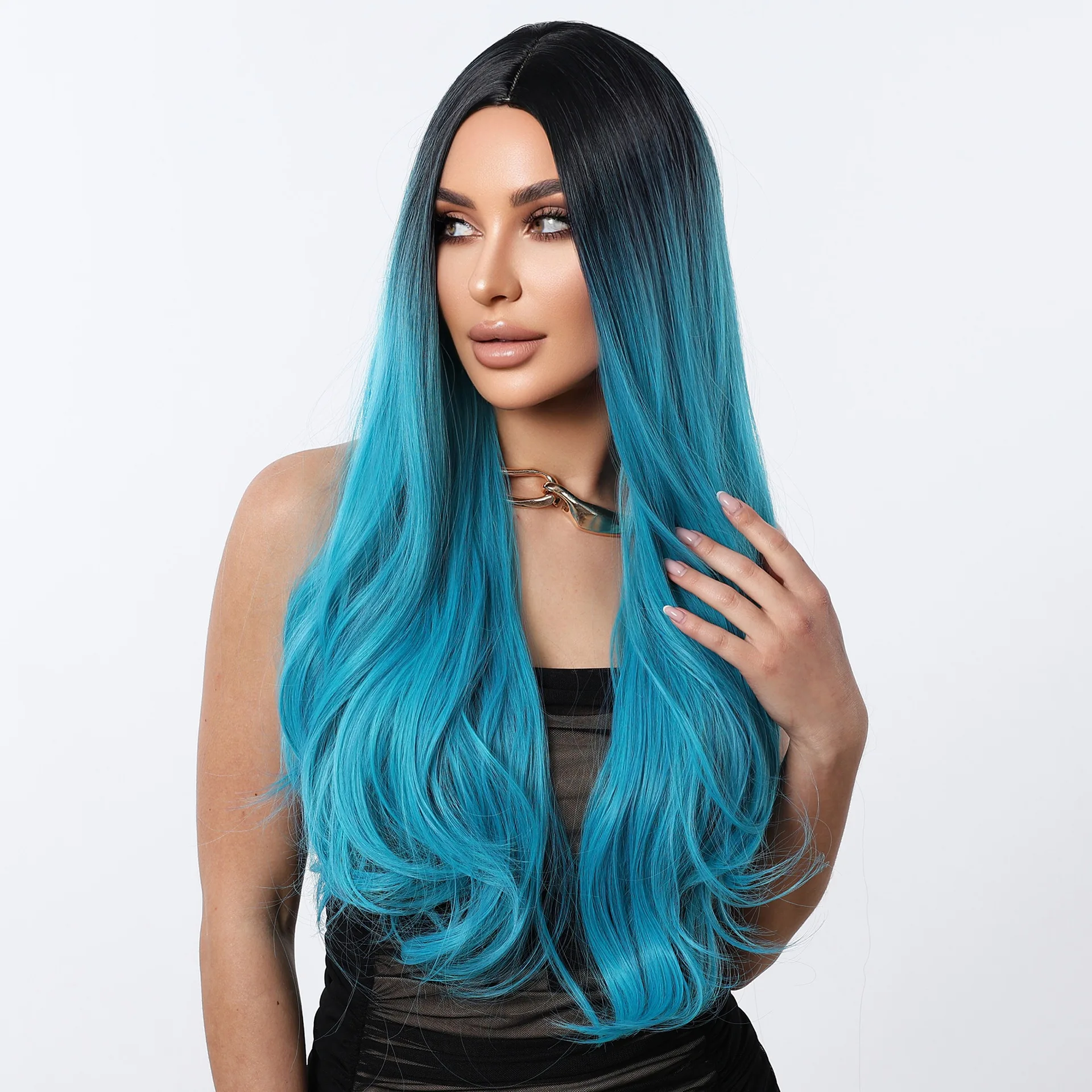 أزياء التغيير التدريجي الأزرق والأسود شعر مستعار طويل مجعد مع نفس مزاجه شعر مستعار واقعي #2