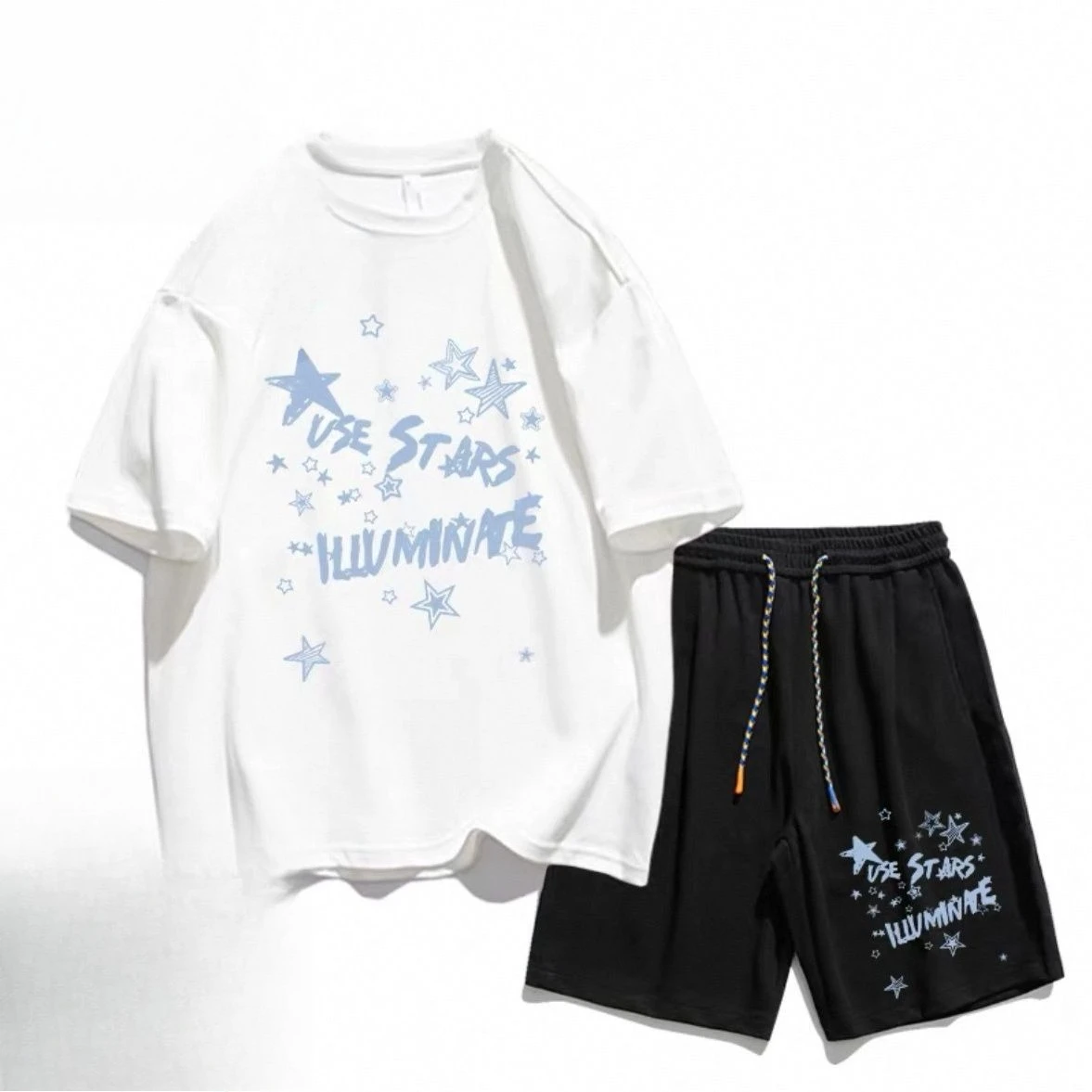 

Брюки с пятью точками и короткими рукавами, повседневный костюм для мужчин и женщин, новинка 2023 года, летняя хлопковая футболка с допамином, шорты