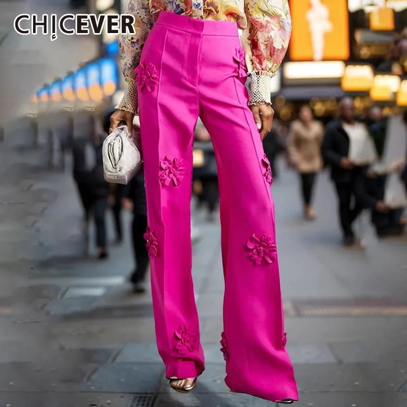 

CHICEVER Casual Chic Patchwork Appliques Trousers For Women High Waist Spliced Zipper Solid Loose Flare Pants Female Clothes New