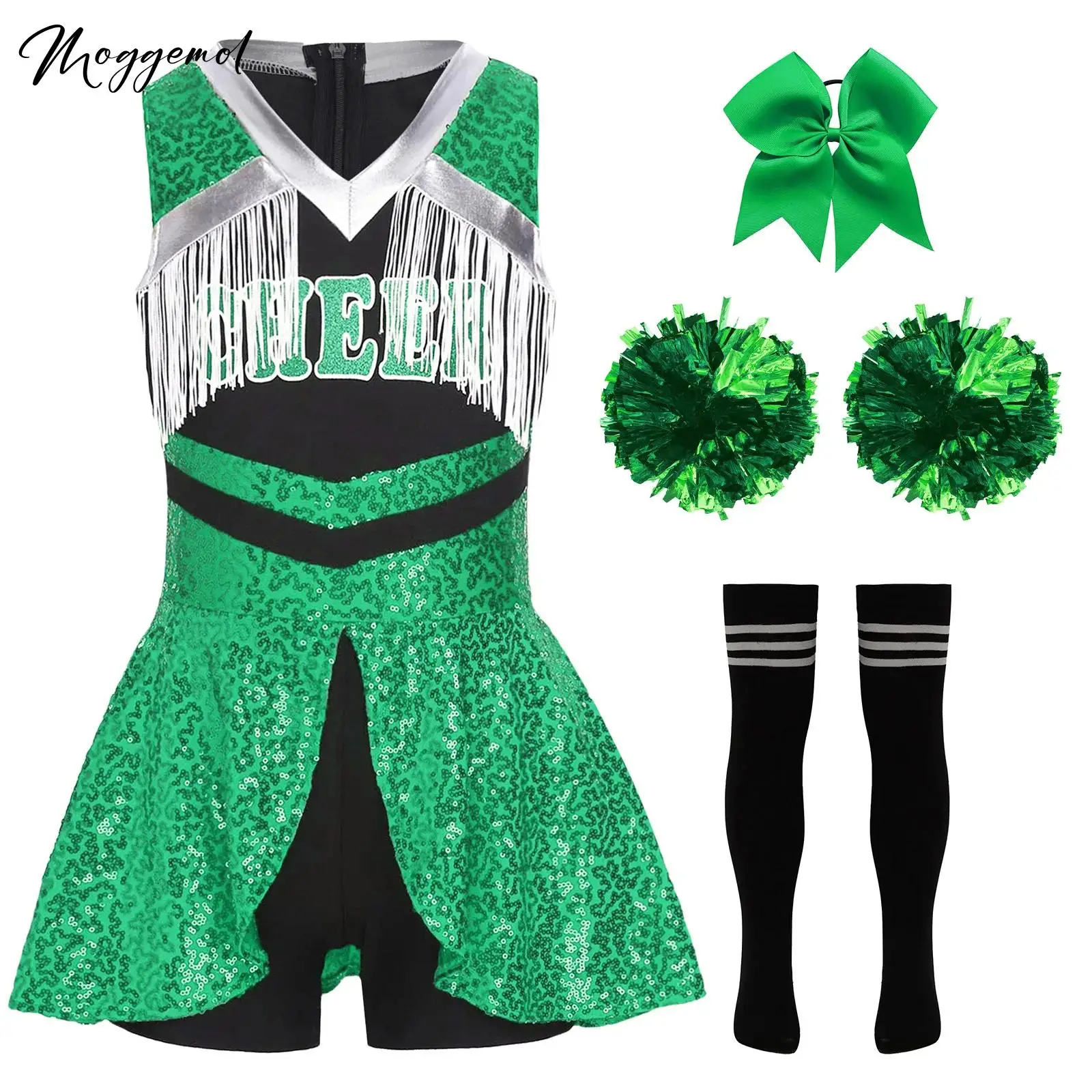 

Униформа черлидинга для девочек, школьный наряд поддержки, костюм болельщика, блестящие комбинезоны с блестками и кисточками, реквизит с цветами на руках