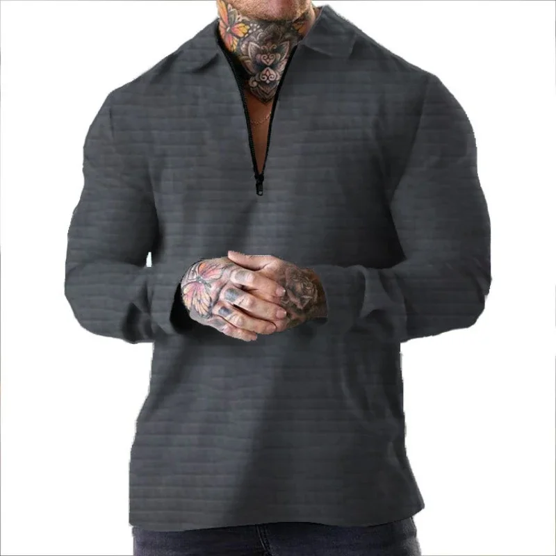 

Men's Jacket Waffle Solid Color Zippered Long Sleeved Jacket Casual Lapel Cardigan