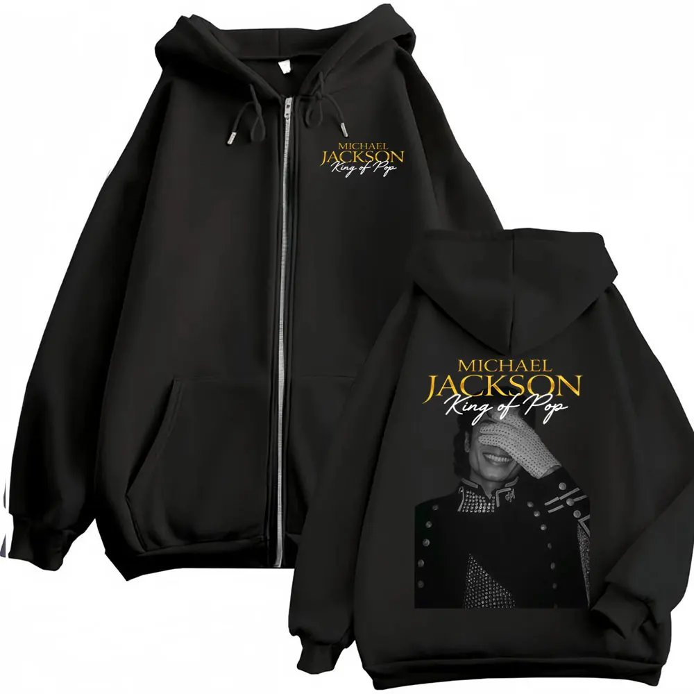 Moletom com Zíper Michael Jackson King of Pop Hip Hop para Homens e Mulheres, Jaqueta Casual de Moletom com Capuz e Zíper Estilo Harajuku