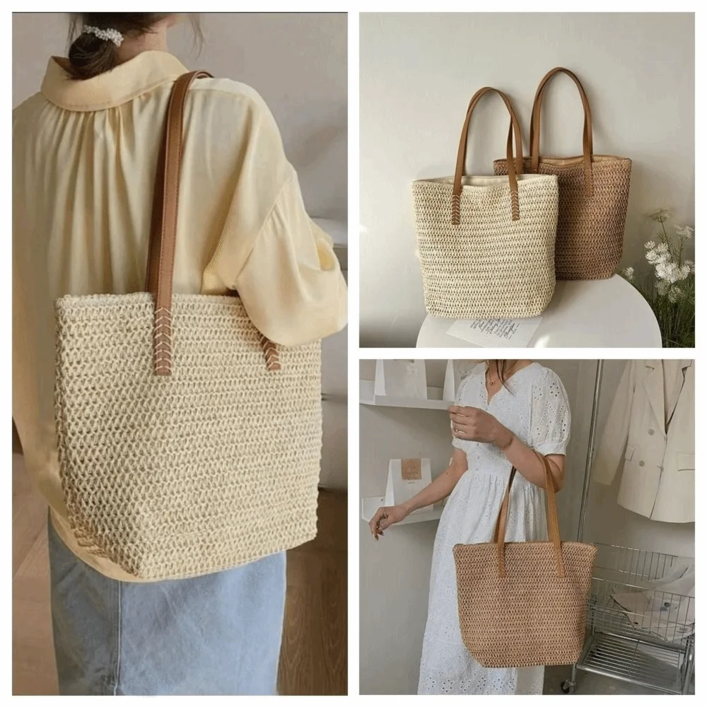Bolso Tote de Rafia Tejida de Color Liso con Cremallera, Bolso de Playa de Gran Capacidad Estilo Bohemio, Bolso de Hombro para Compras