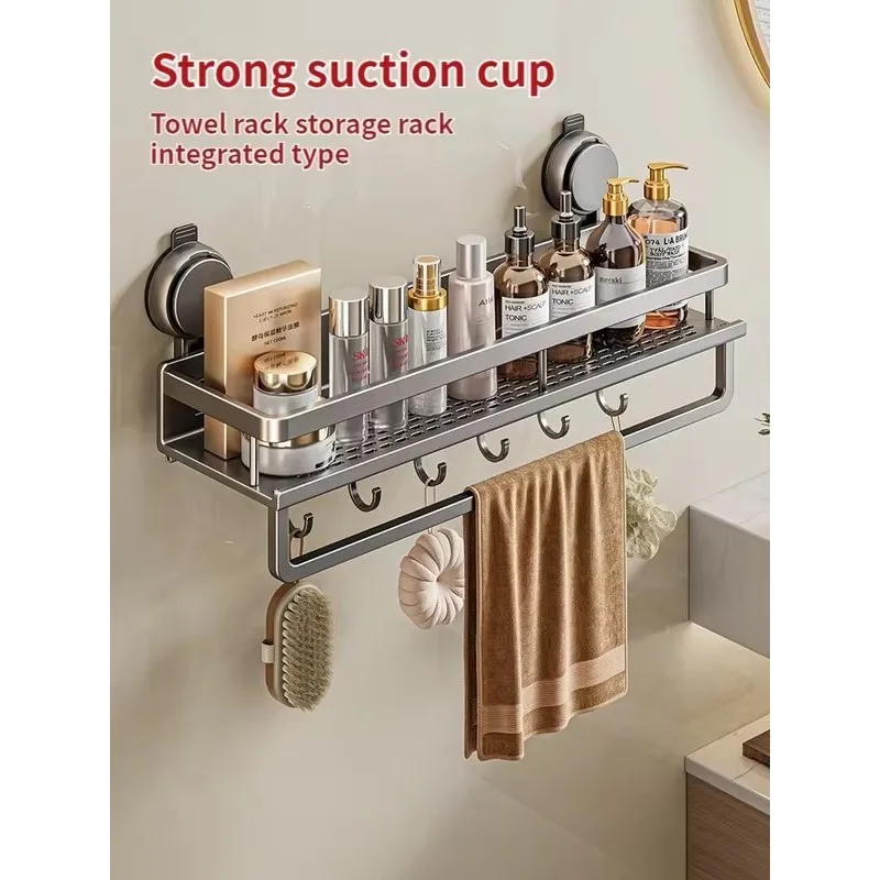 Wall-Mount Aluminum Bathroom Shelf with Suction Cups, No-Drill Storage Rack for Shower and Toilet Accessories