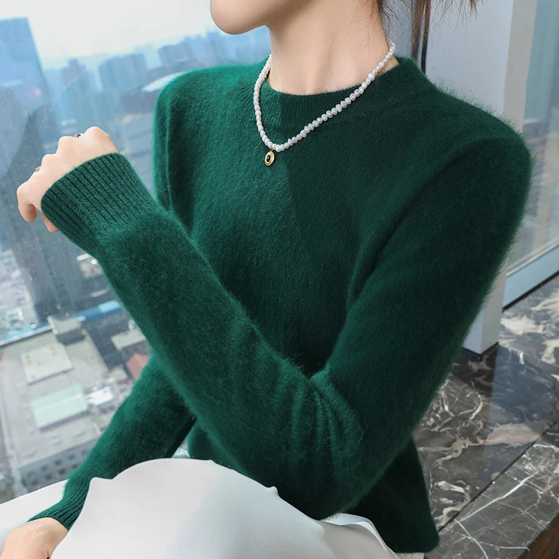 Autumn and winter women's semi high neck pullover sweater solid color knitted slim fit women's 100 mink cashmere sweater new sty