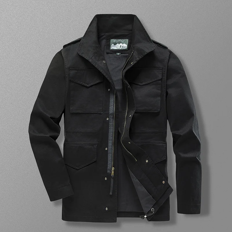 

Весенне-осенние мужские однотонные однотонные куртки с длинным рукавом и воротником-стойкой с несколькими карманами, повседневные модные простые хлопковые куртки, мужская одежда, пальто