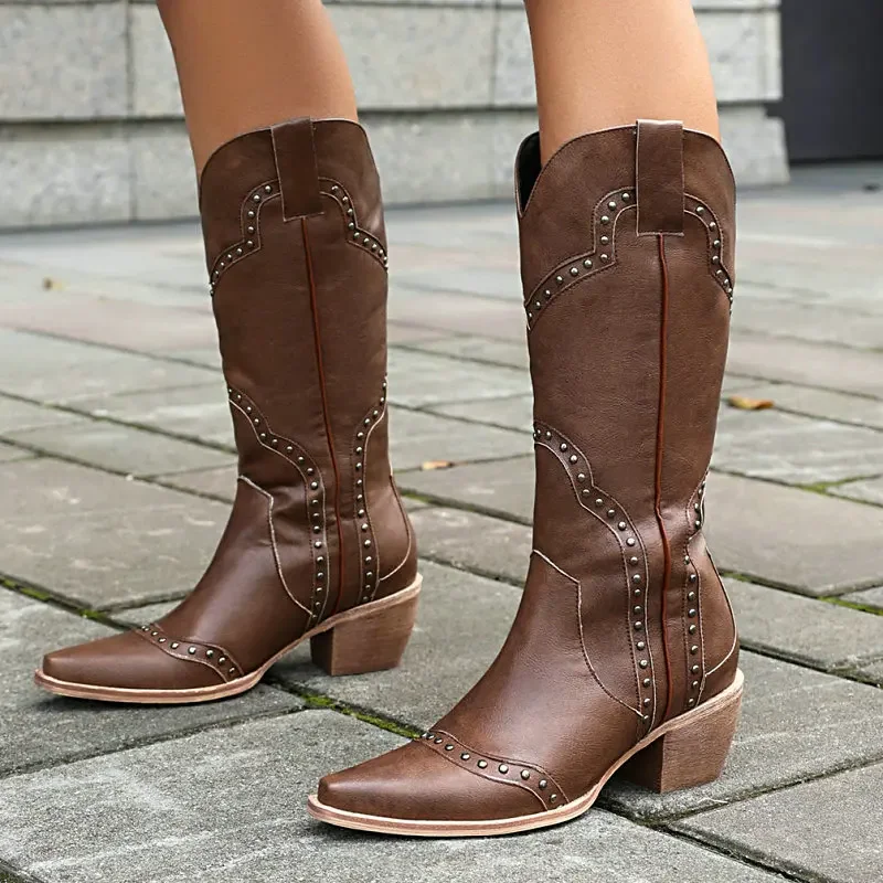 

Brown Beige Color Western Cowboy Boots With Studded Rivets Winter Warm Punk Gothic Shoes V-cut Design Mid-calf Boot For Wide Leg