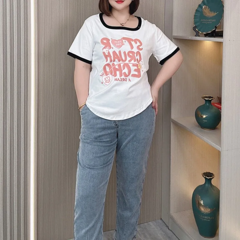 Plus Size Tops Women 2024 Summer New Short Sleeve T-shirt Thin Casual Cotton Square Collar Printing Tees