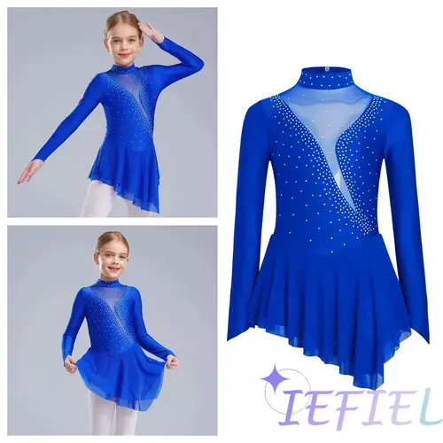 Imagen 1 del producto Vestido de Ballet de patinaje sobre hielo para niñas, traje de baile lírico para escenario, falda tutú, Leotardos de gimnasia, decoración de diamantes de imitación, Ropa de baile