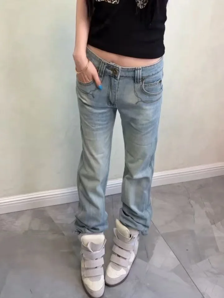 Women's Skinny Jeans Blue Low Rise Denim Pants Japanese Abi Y2k Gyaru Cowboy American Retro High Quality Jeans Stacked Jeans