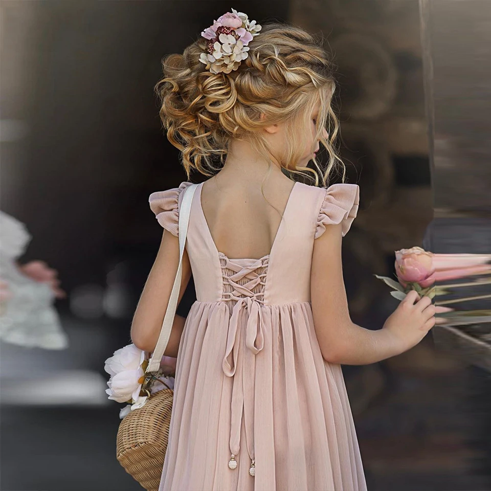 2022 Vintage Pink Flower Girl Dress Lace Two Pieces Princess Birthday Wedding Party Girl Dresses Cute Kid Vestidos De Novia