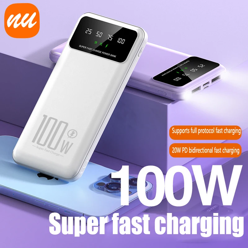 

100W power bank super fast charging 20000mAh portable external battery suitable for tablets mobile phones, power bank LED lights