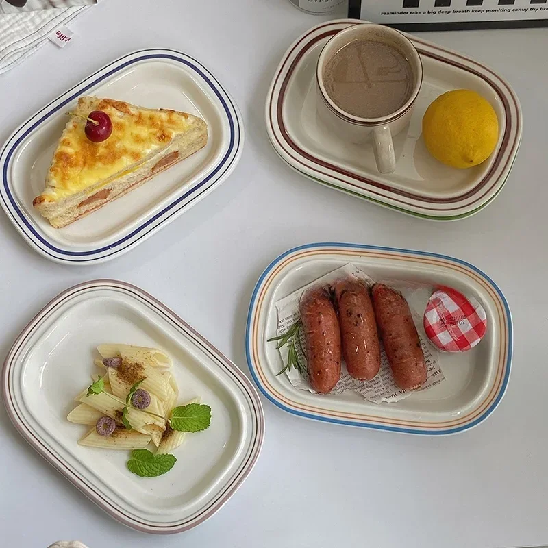 Korean Style Linear Ceramics Dim Sum Dish Pasta Plate Afternoon Tea Art Tableware Table Decoration Kitchen Supplies