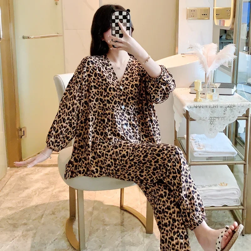 Cute Floral Leopard Cotton Summer Pajama Sets Ensembles 2 Piece Two Piece Pants Lounge Elegant Outfit Lounge Women Pijama