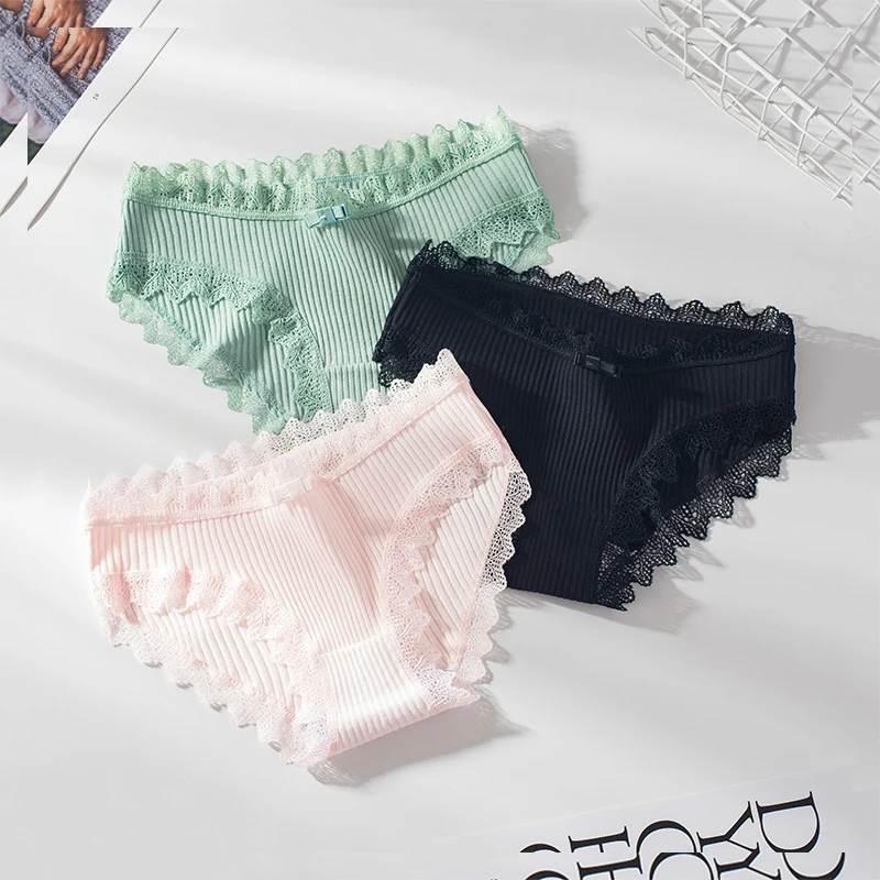 Panties Woman Cotton Sexy Lace Briefs Fashion Solid Color knickers Girls Bow Underpants Set Underwear 3 Pcs/lot