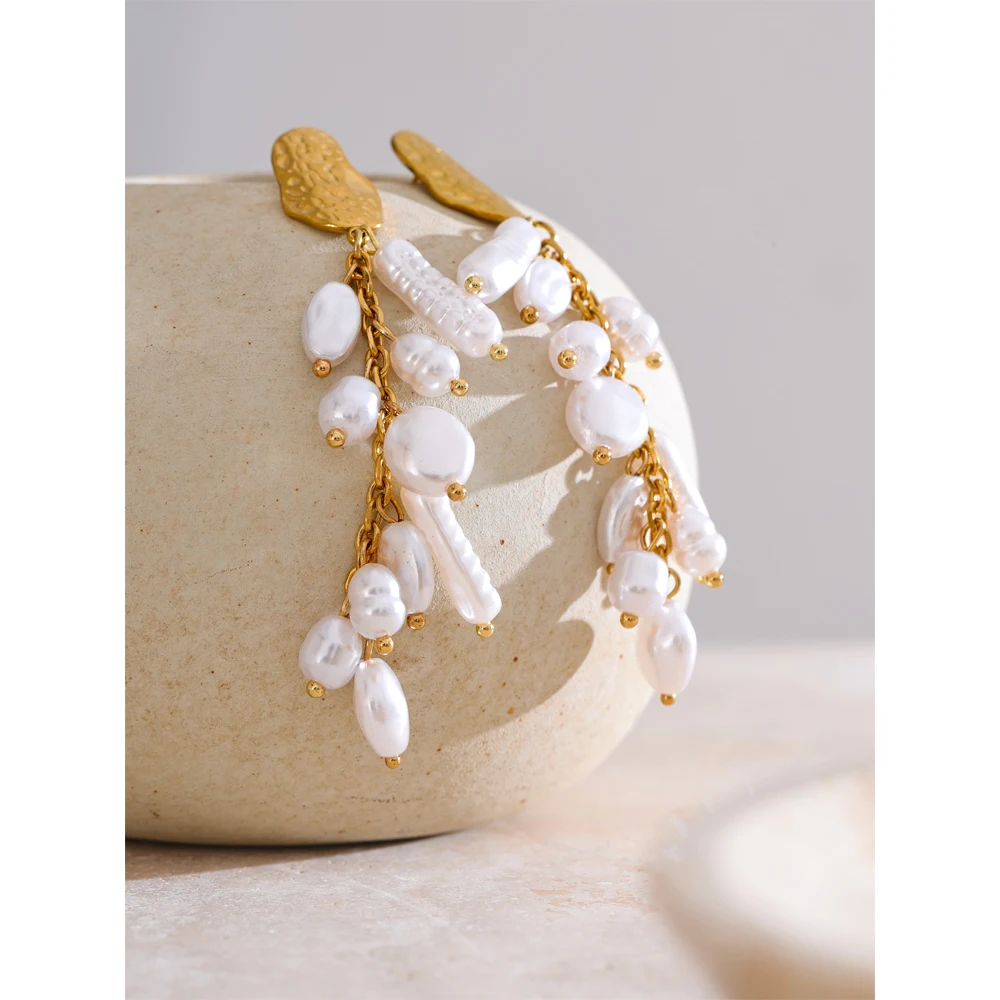 Yhpup الباروك مقلد اللؤلؤ شرابة سلسلة طويلة إسقاط أقراط الذهب اللون الفولاذ المقاوم للصدأ اليدوية الكورية اليومية مجوهرات النساء #4