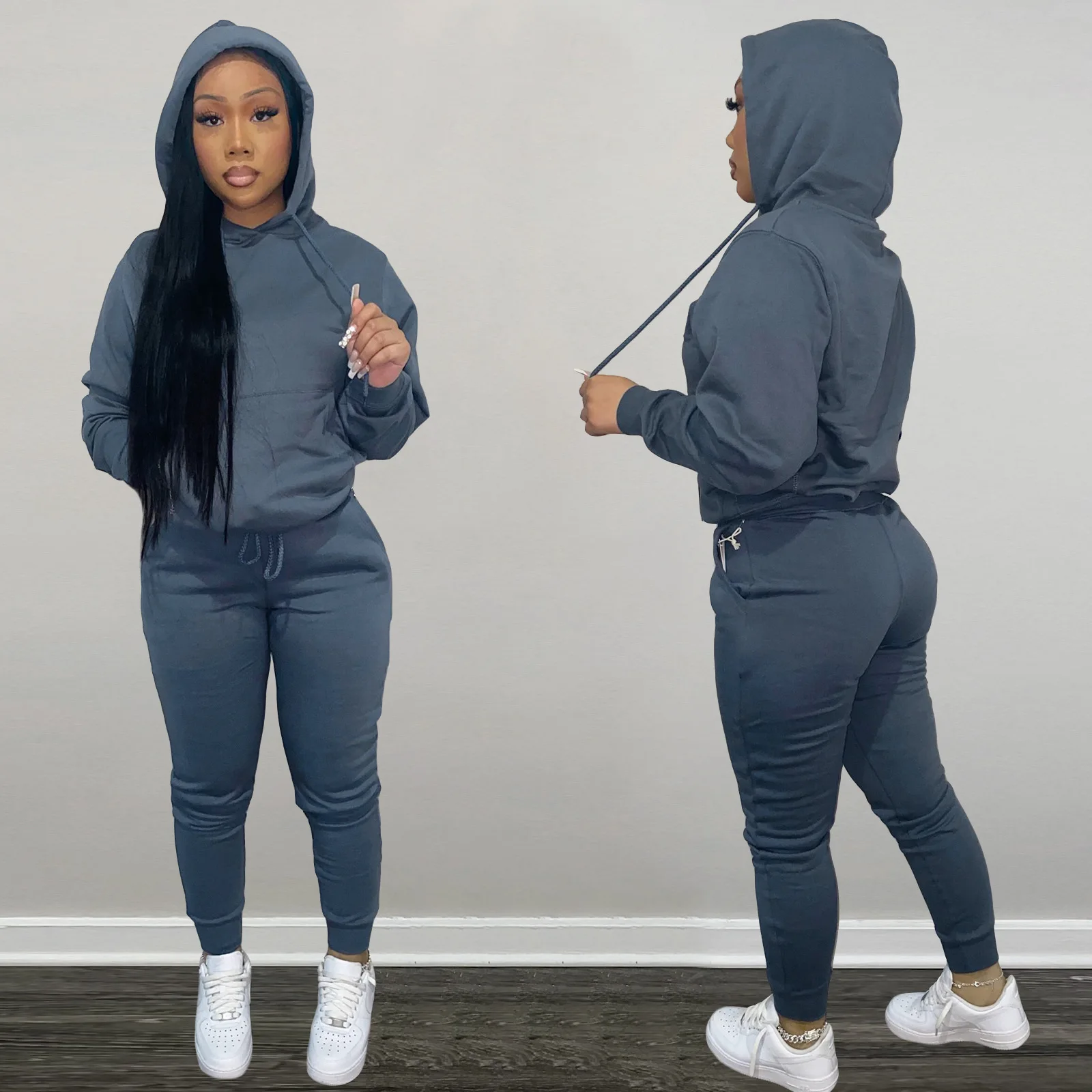 Thicken Fleece Hoodie Two-piece Set Women Overall Hoodie + Bodycon Sweatpants 2022 Winter Sports Jogger Bulk Item Wholesale Lots