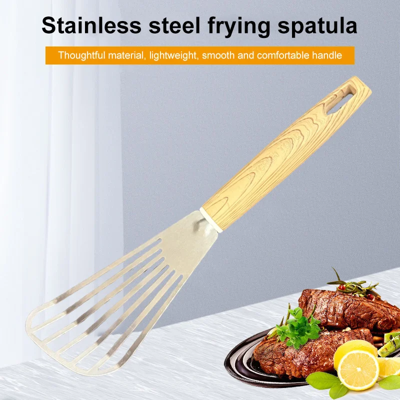 

Stainless Steel Fish Frying Shovel With Wooden Handle Fan-Shaped Shovel Household High-Temperature Frying Shovel
