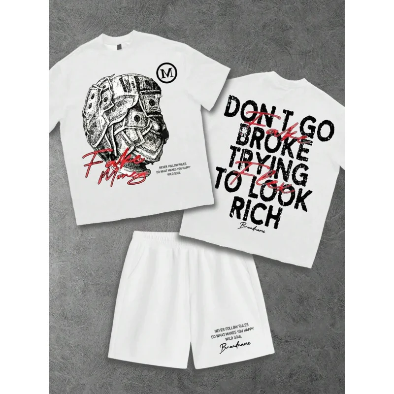 US Dollar Bill Graphic Front & Back Print Set, Men's Standard Fit White T-Shirt Summer men's two-piece suit - free shipping incl
