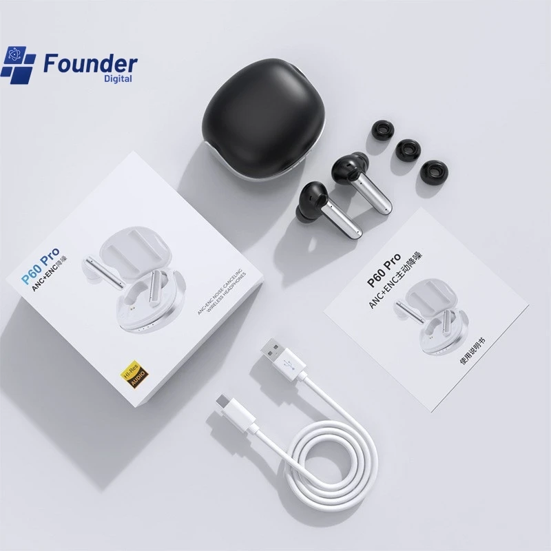 

3C Founder P60pro Cross Border ANC Active Noise Reduction True Wireless Bluetooth Earphones Sports Running In Ear TWS 2024 New