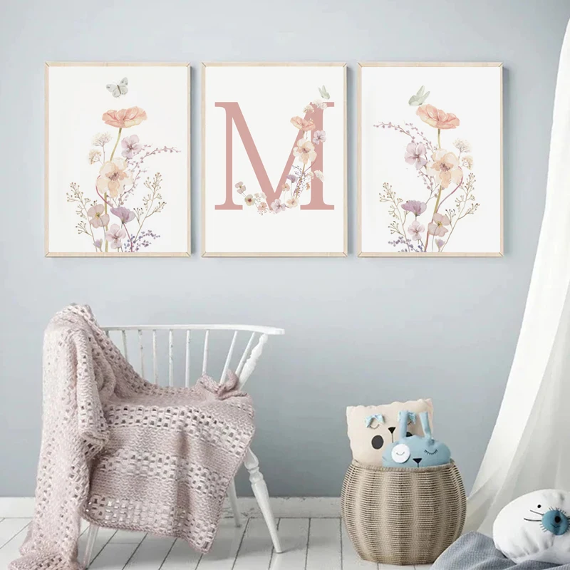 Personalized Name Wildflower Nursery Decoration Poster Picture Pink Floral Canvas Painting Baby Girl Bedroom Wall Art Home Decor