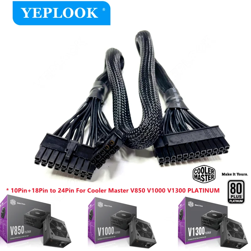 

10+18Pin to 24Pin ATX Main Power Cable for Cooler Master V850 V1000 V1300 PLATINUM Modular Power, Flat/Sleeved Net 60 CM 18AWG