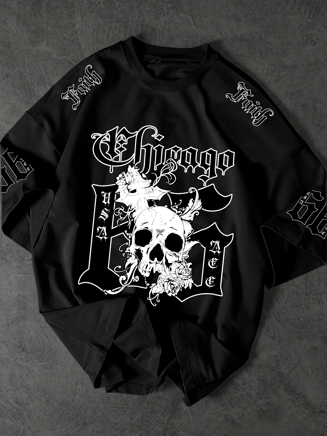 T-shirt pour homme, imprimé vintage punk Chicago Skull Rose Faith Letter sur le devant et sur les manches, streetwear décontracté, 100% polyester, S-XXL