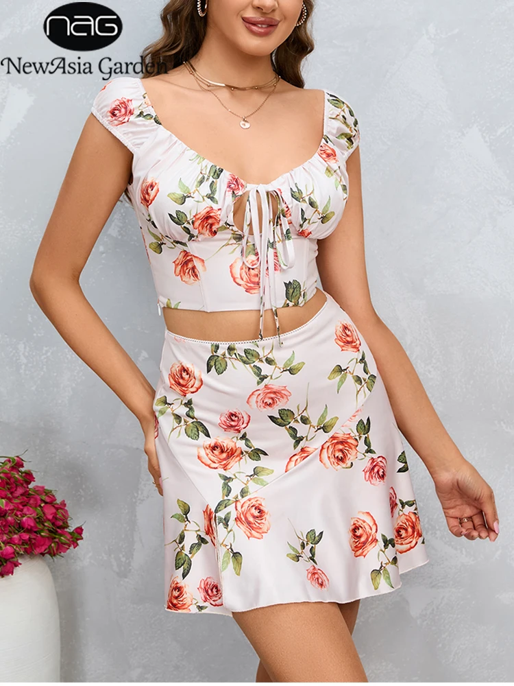 NewAsia Floral Print Cut Out Front Tie Up Tank Corp Top A-Line Side Slit Skirt Fashion Casual Party Two Piece Set