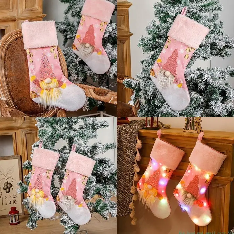 581C Christmas Pink Faceless Gnome Stocking with Plush Cuff LED Lighted Gift Bag Hanging Ornament Candy Holder Sock Decor