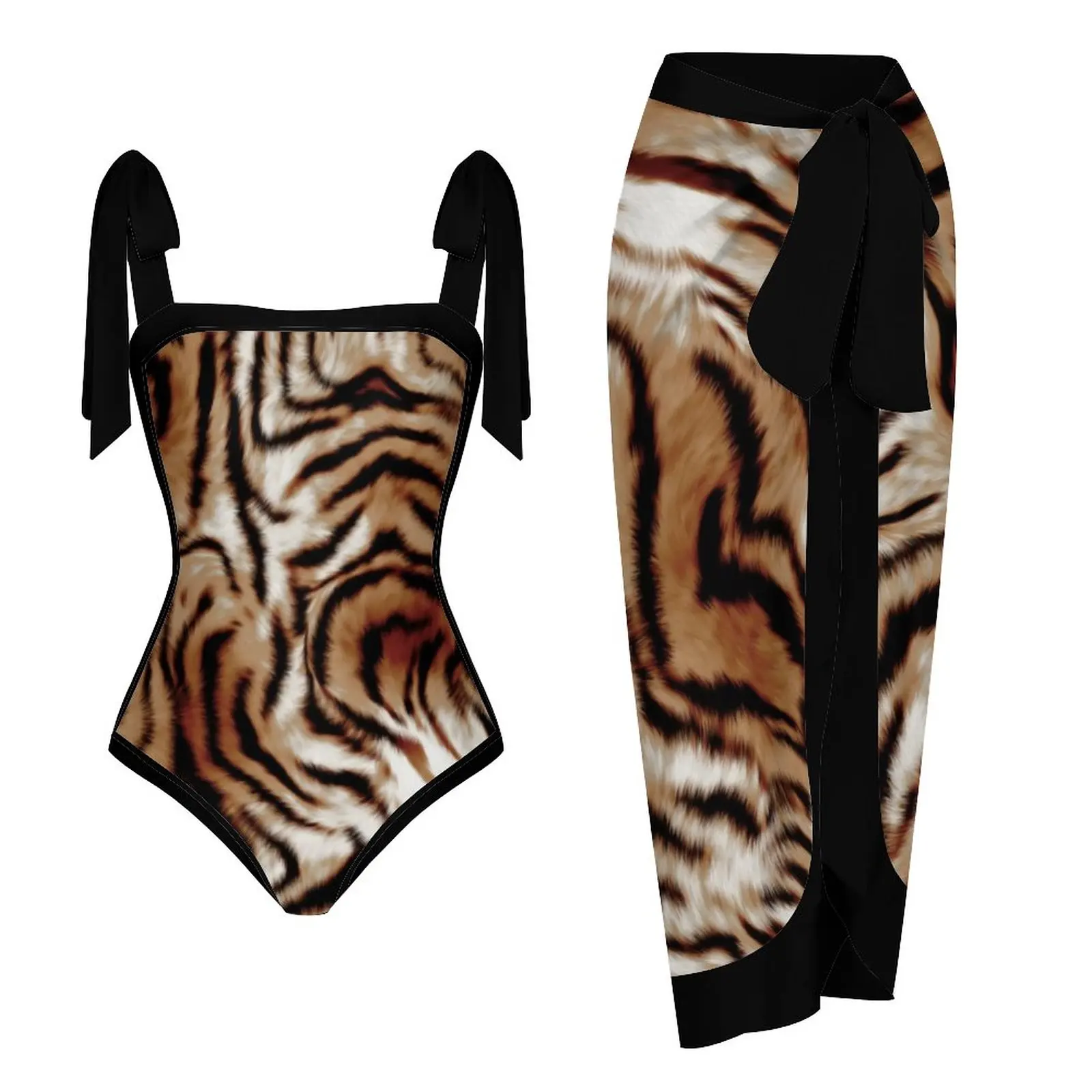 

Female Animal Fur Tiger Texture Retro Swimsuit with Skirt Swimwear Holiday Beach Dress Designer Bathing Suit Summer Surf Wear