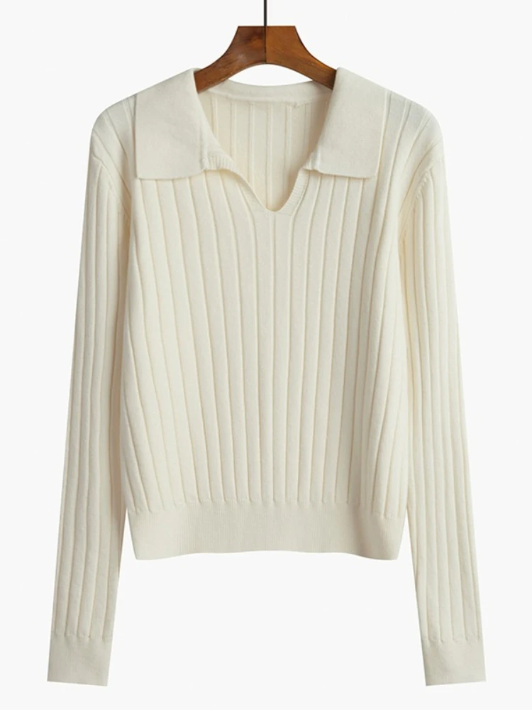 

Women Polo Collar Pullover Autumn Winter Long Sleeve Knitted Sweater Female V-neck Elastic Skinny Knit Base Layer Tops Jumpers