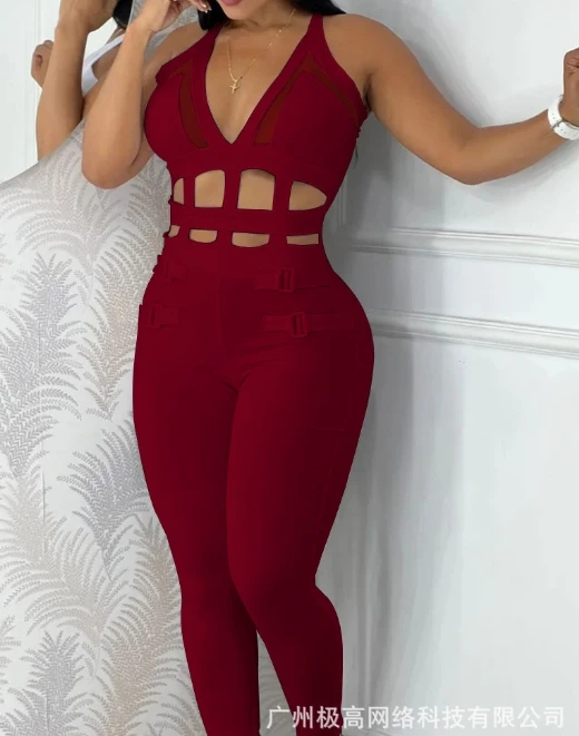 

Women's Chic Jumpsuit 2024 Spring Summer Latest Sexy Plume Night Out Hollow Out Halter Buckled Mesh Skinny Romper Bodysuit