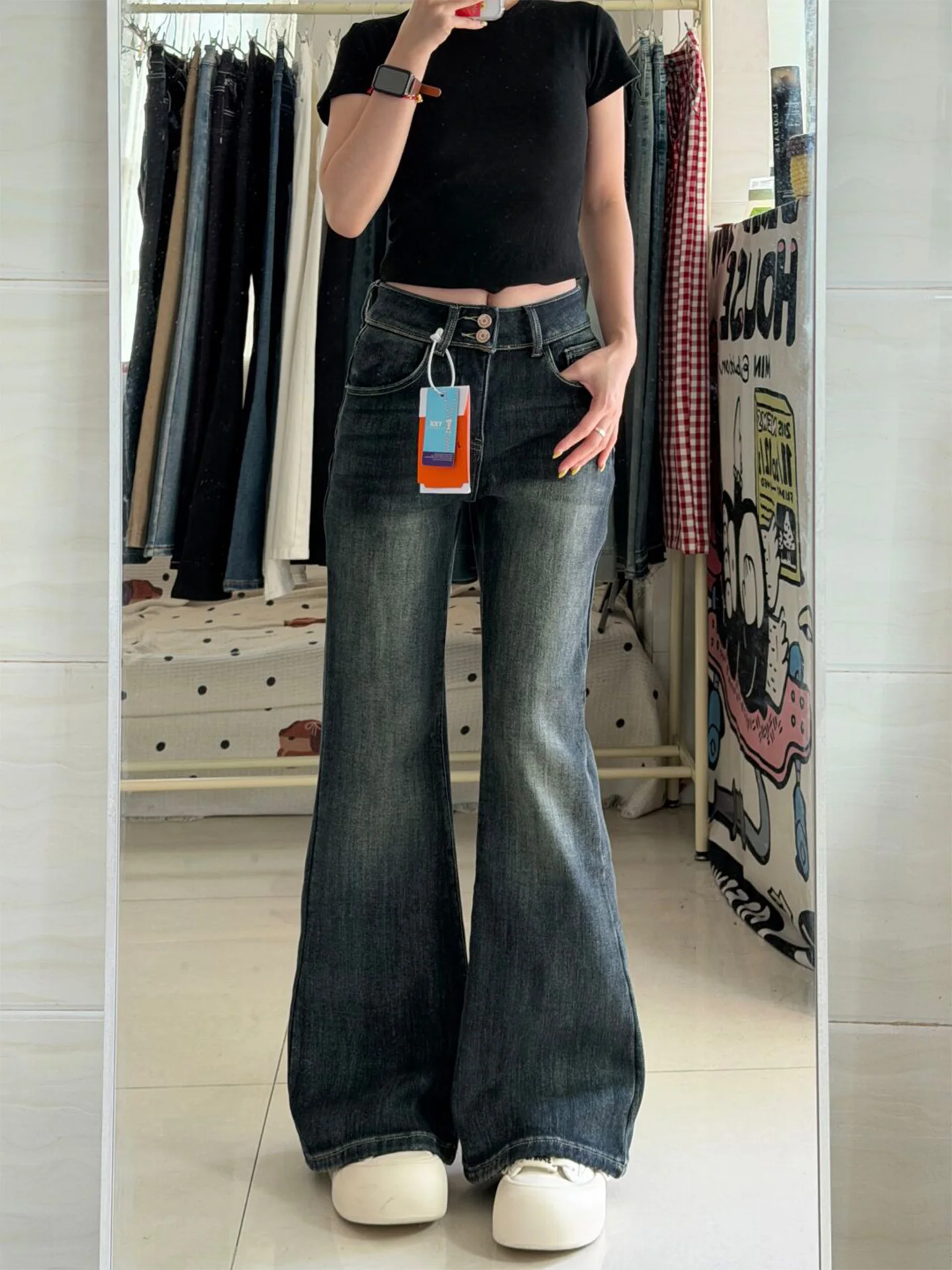 

Женские джинсы-клеш с высокой талией, сине-серые, для фигуры типа «груша», винтажные, прямые, утягивающие