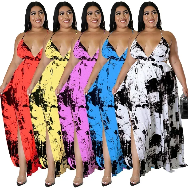 MY966- European and American plus size women's clothing 2025 summer new product suspender backless ink painting printed dress