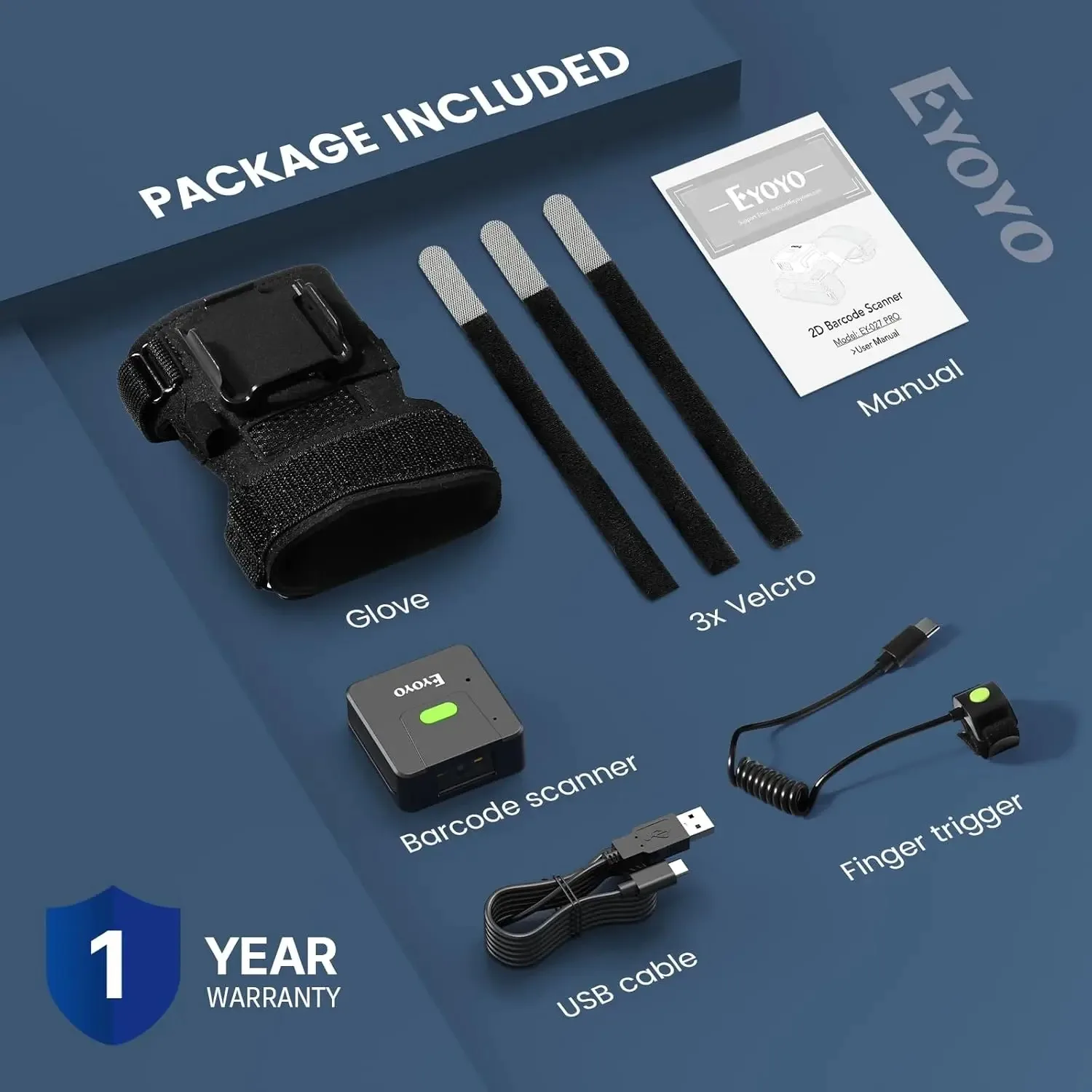 Eyoyo Wearable 2D Barcode Scanner Fast & Long-Range Scanning Left & Right Wearable Glove Portable Finger Ring 1D QR Code Reader