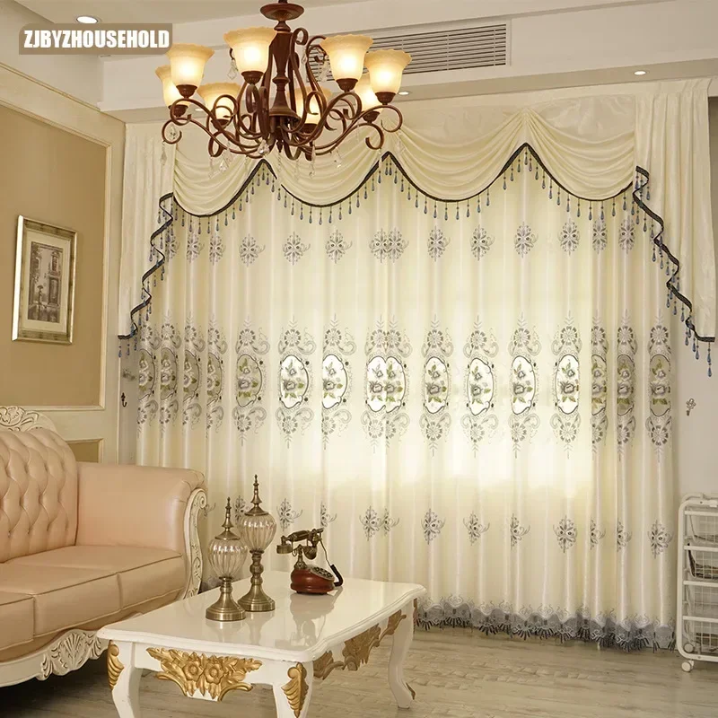 

Luxury Living Room Curtains European Custom Valances Hollow Embroidery Semi-shading Curtains for Living Dining Room Bedroom