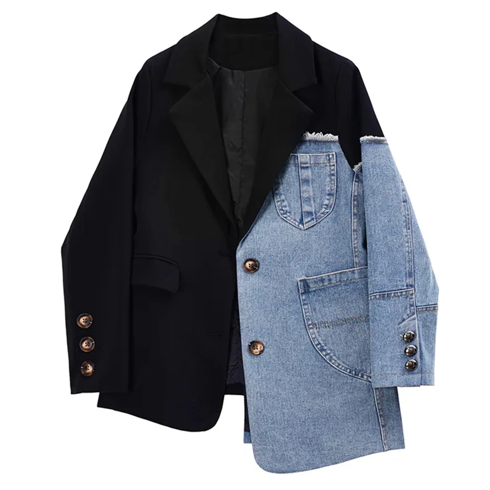 2023 Autumn Winter Women Korean Vintage Blazer Denim Patchwork Jackets Irregular Coat Women Long Sleeve Oversize Outerwear Suit