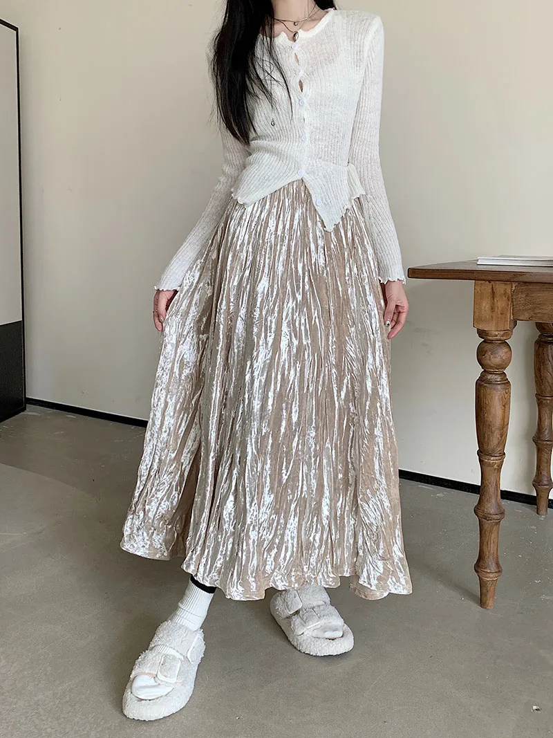 

High Quality Velvet Pleated Skirt Women Elegant Elastic Waist Long Skirt Female Fall Winter Fold Black Streetwear Faldas 2025