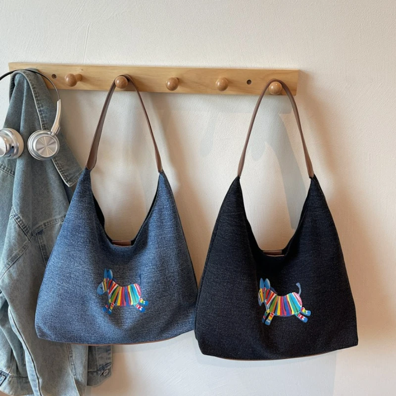 Bolso de hombro de mezclilla de gran capacidad a la moda con bolso de mano con estampado de dibujos animados para bolso cruzado de estilo informal y Retro