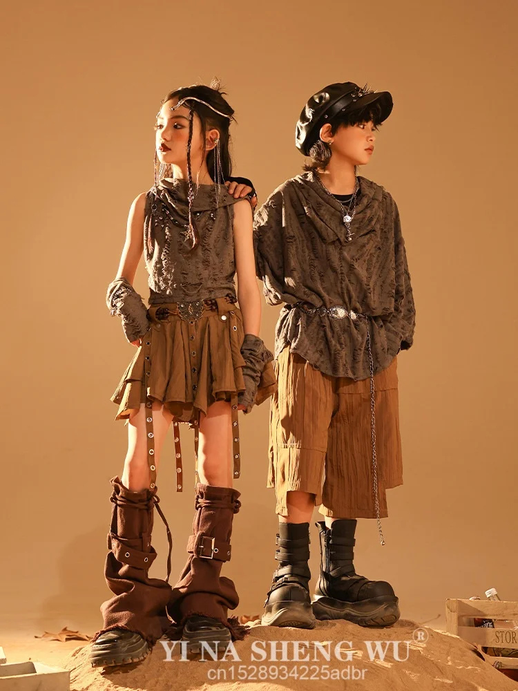 طفل القفار نمط الهيب هوب الملابس رمادي المتزعج هوديي أعلى القهوة مطوي تنورة السراويل لفتاة صبي أزياء رقص الملابس #3