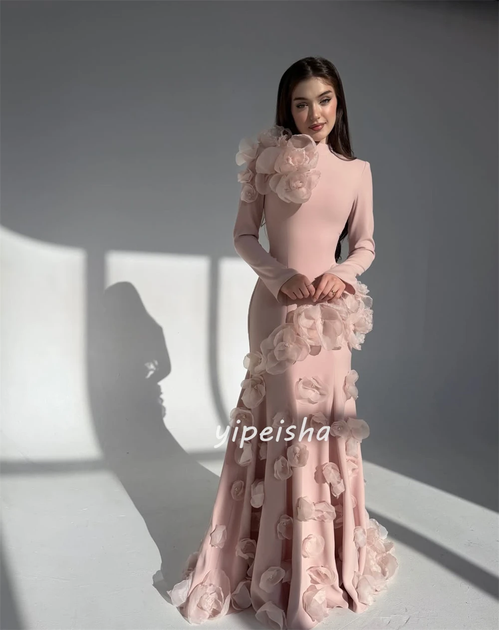 Customized High Quality Women Jersey Handmade Flower Beading Mermaid Evening Dresses Classic High Collar Long Sleeves Party Gown image 3