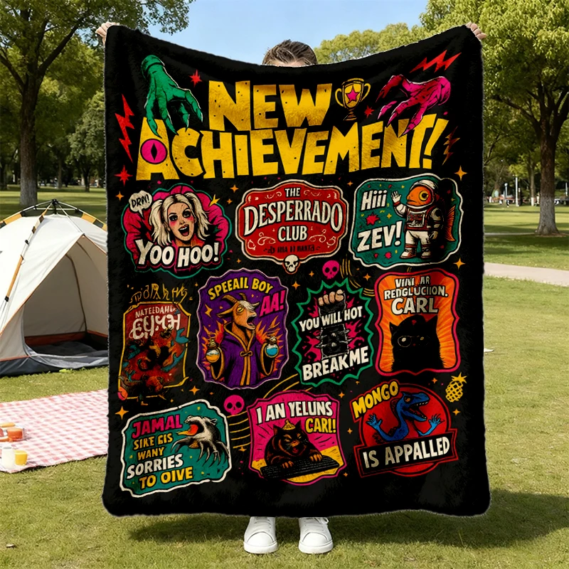 Dungeon World Stamps Flannel Blanket, LitRPG Desperado Club Throw, New Achievement Book Lover Gift