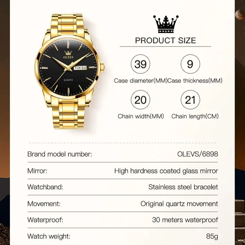 OLEVS Classic 6898 Men\'s Watches Gold Stainless steel Luminous Waterproof Dual Calendar Hand Clock Man Watch