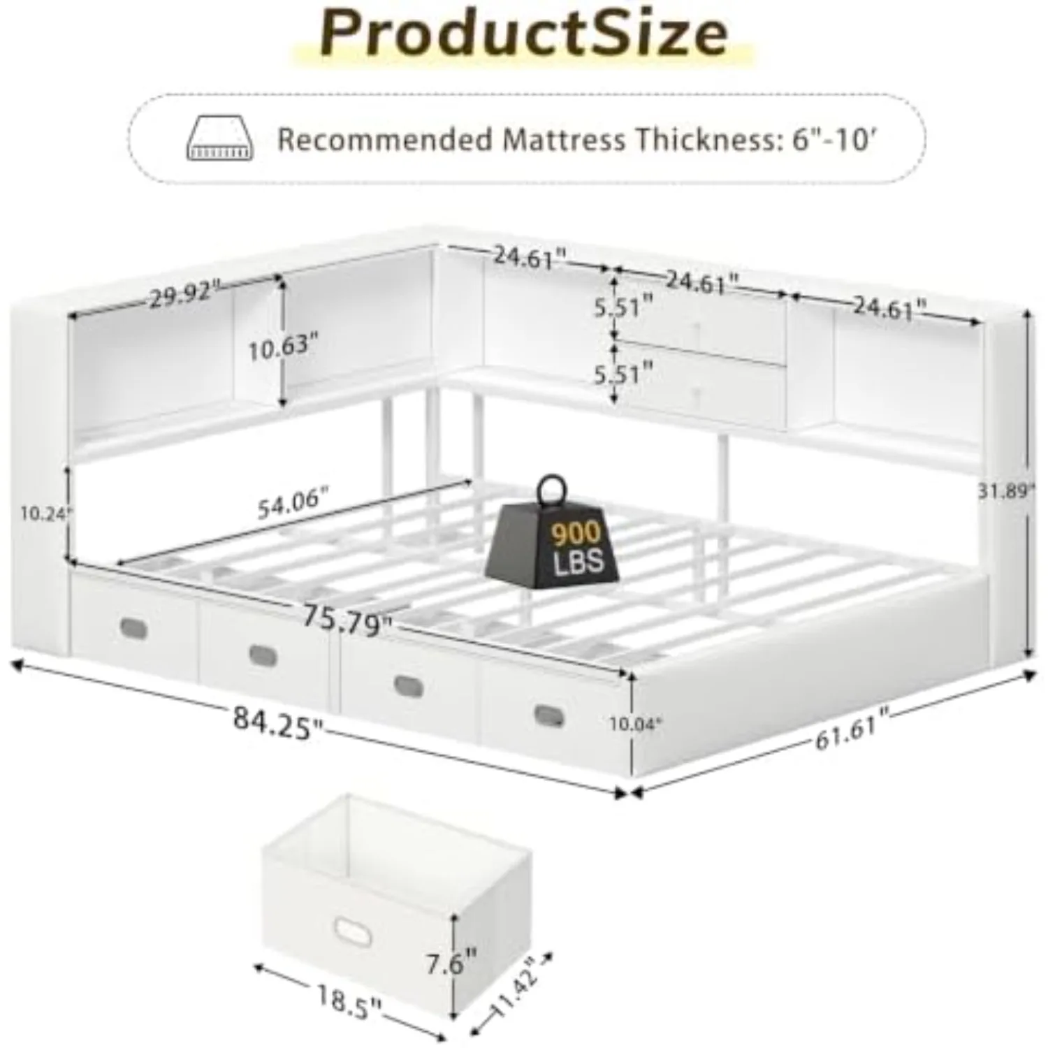 White Corner Bed Frame Full Size with 6 Storage Drawers & Bookcase Storage | RGB Lights, Upholstered Daybed Full Size
