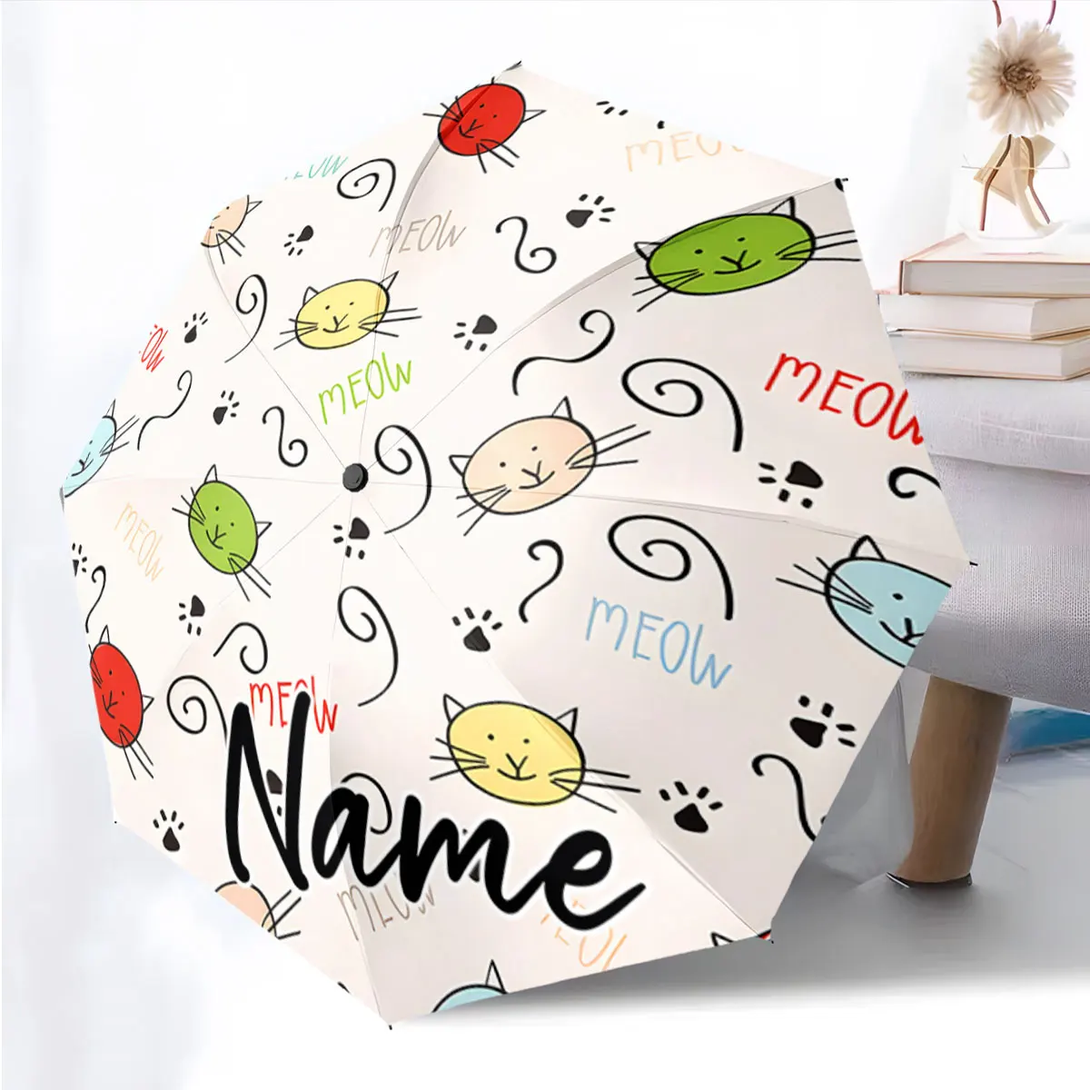 Custom Name Bright and Cheerful Cat Umbrella Design for Rainy Days 8 Iron Ribs Folding Umbrella Auto-Open Fashion Sunshade