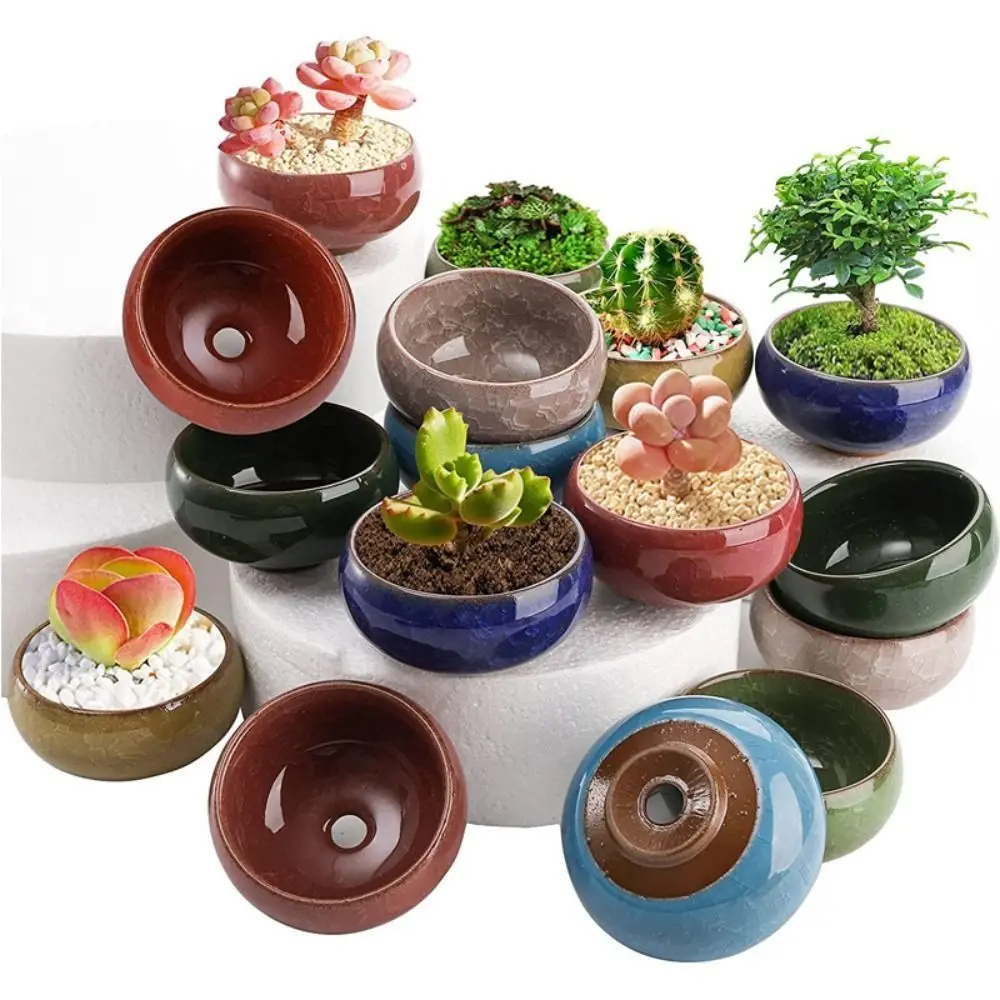 通気性のあるアイスクラック釉セラミック植木鉢かわいい肥厚多肉植物植木鉢ミニ穴あき植物プランター中庭