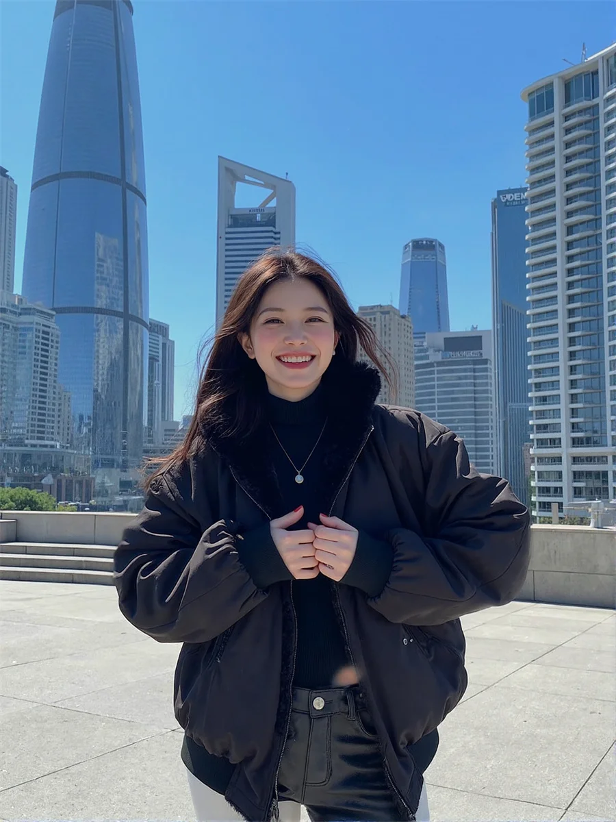 

Parkas Women Daily Jacket Korean Loose Fit Warm Hooded Long Sleeve Zipper Fashion Soft Solid Color Outerwear Pocket Cute