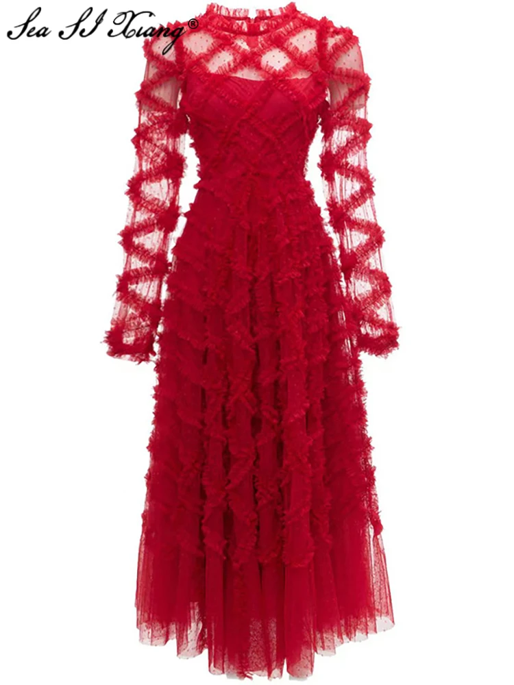 

Seasixiang Fashion Designer Early Autumn Dot Mesh Dress Women O-Neck Lantern Sleeve Ruffles Solid Color Vintage Party Long Dress