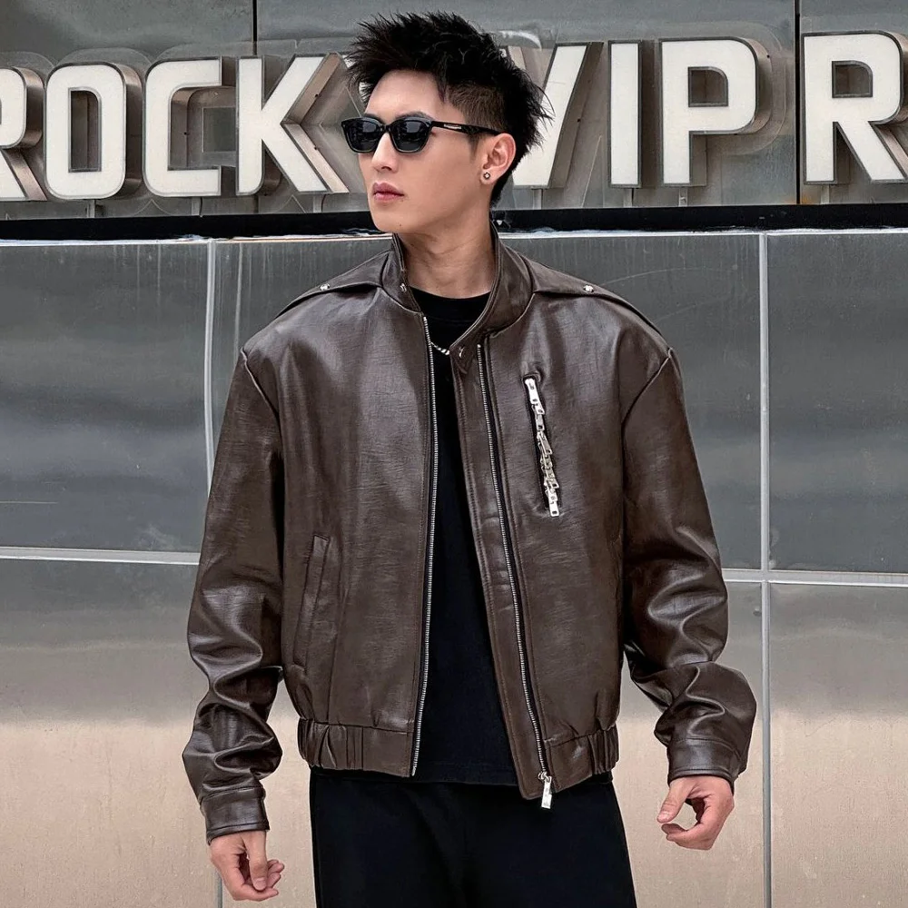 

Stand Collar Short Motorcycle Jacket Men Streetwear Fashion Loose Casual Leather Cargo Jacket Women Spring Autumn Coat Outerwear