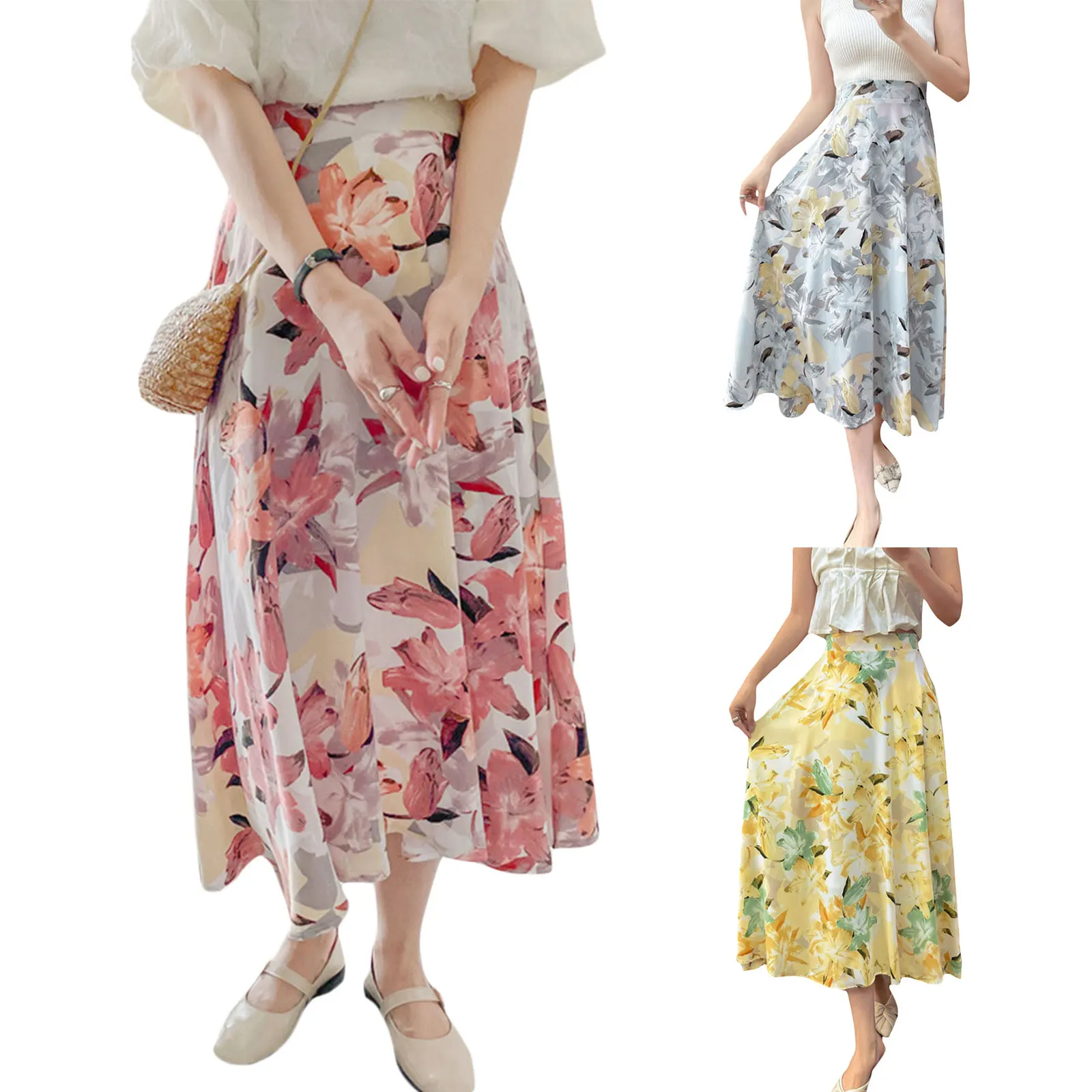 

Women Vintage Summer Midi Skirt Floral Oil Painting Print Elastic High Waist A-line Flowy Long Skirt for Beaches Club Streetwear